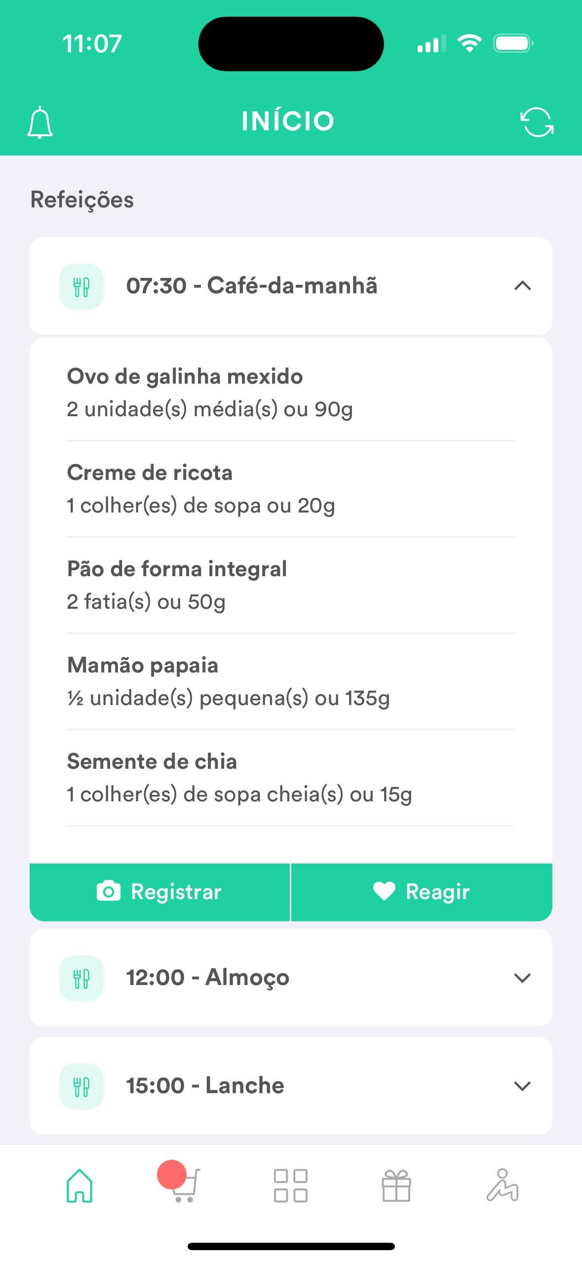 Tela do aplicativo WebDiet com plano alimentar e refeições